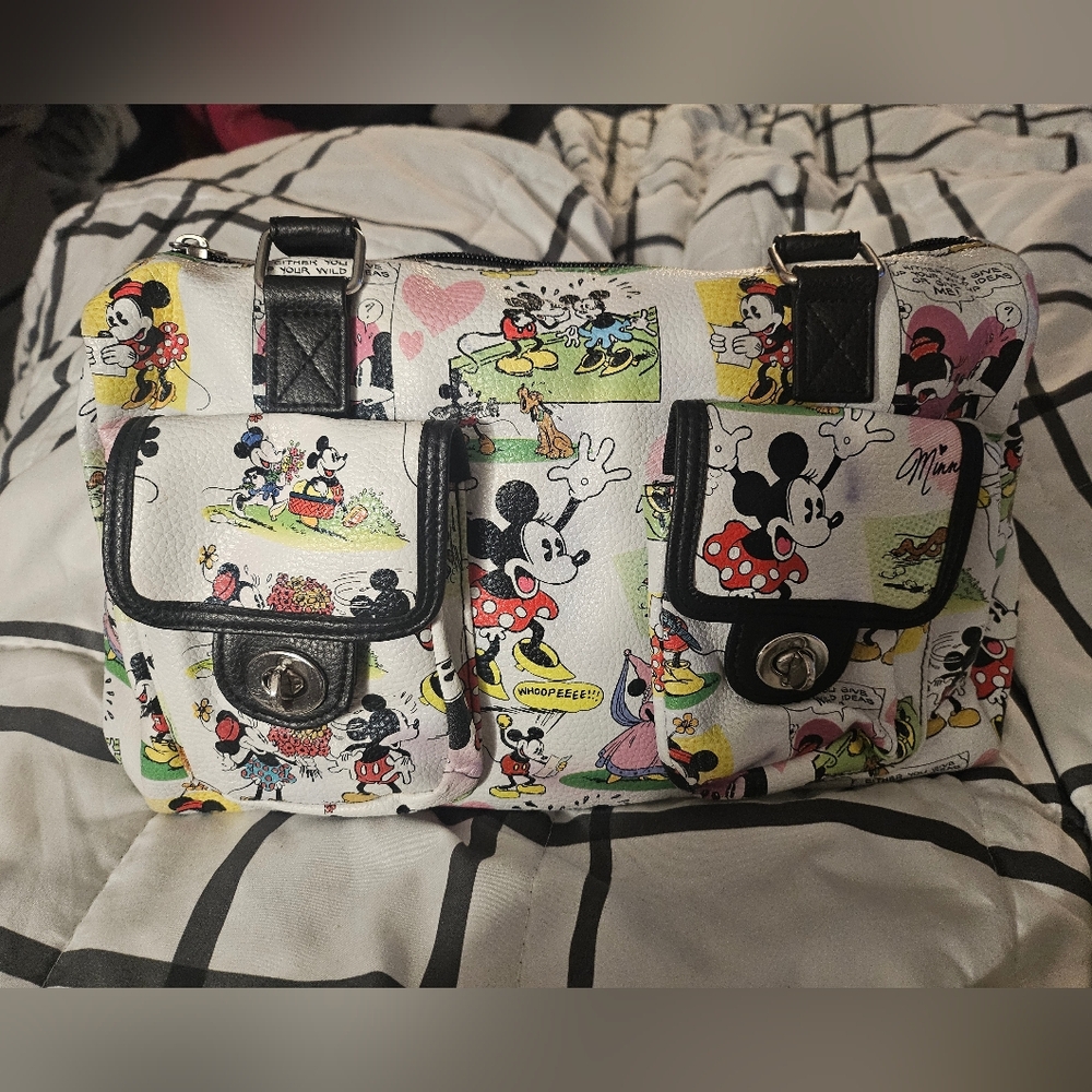 DISNEY WORLD PARKS MINNIE & MICKEY MOUSE CARTOON COMICS HANDBAG PURSE ZIPPER BAG